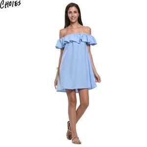 Choies Blue Off Shoulder Ruffle Shift Dress‎